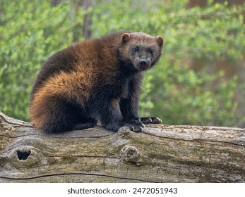 Wolverine, Gulo gulo, sits on a trunk and observes the surroundings