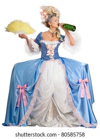 Woman In 18th Century Style Dress Drinking Champagne