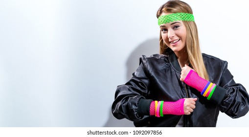 Woman In 1980's Fashion On A White Background