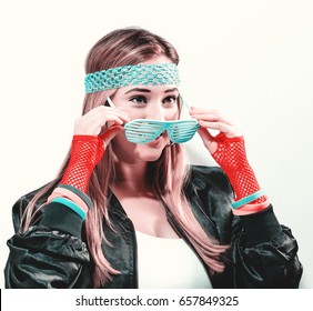 Woman In 1980's Fashion On A White Background