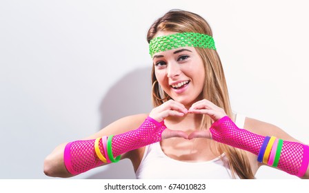 Woman In 1980's Fashion On A White Background