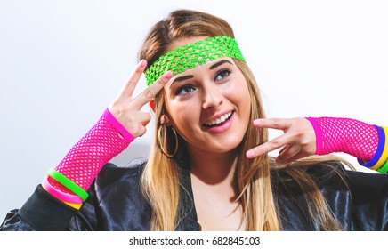 Woman In 1980's Fashion On A White Background