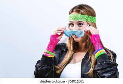 Woman In 1980's Fashion On A White Background