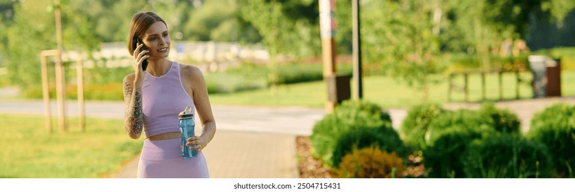 A woman in activewear strolls through a park, sipping water and on a phone call. - Powered by Shutterstock