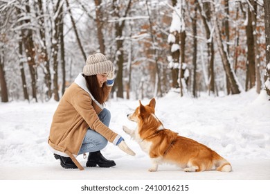 Woman with adorable Pembroke Welsh Corgi dog in snowy park - Powered by Shutterstock