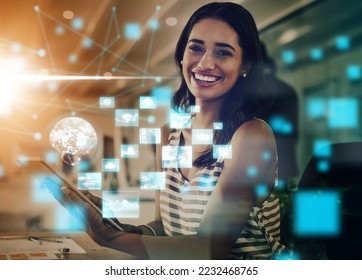 Woman, AI and digital tablet in big data working at the office with smile for virtual technology. Portrait of businesswoman on touchscreen smiling for futuristic networking, communication or hologram - Powered by Shutterstock