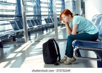 Woman At The Airport. Waiting Hall. Flight Delay