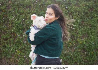 Woman With An Albino Dog