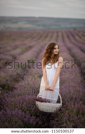 Woman in amazing dress walk on the lavender field.