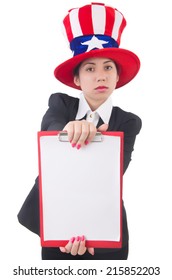 Woman In American Hat With Blank Page On White