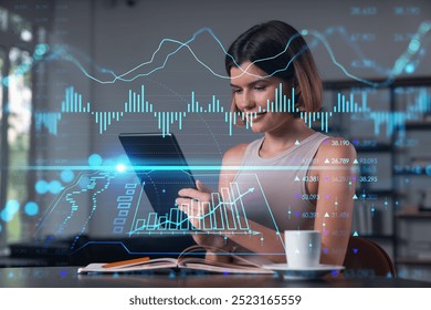 Woman analyzing data on a tablet with digital graphs overlay in modern office, representing financial analysis and technology concepts - Powered by Shutterstock