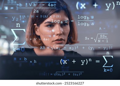 Woman analyzing mathematical formulas on a transparent screen. Blurred background. Concept of science and analytics - Powered by Shutterstock