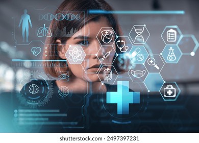 Woman analyzing medical data on futuristic digital interface screen in a professional setting. Concept of healthcare technology and innovation