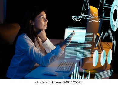 Woman Analyzing Virtual Data Interface, Business Analytics, Technology, Data Visualization, Professional Work Environment
