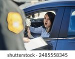 Woman, angry and traffic officer with ticket for checkpoint, security and crime investigation on highway. Police, law and driver registration for car accident, dui or road safety with drunk person