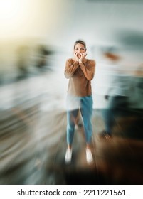 Woman, Anxiety And Mental Health In Motion Blur For Stress, Insane Or Schizophrenia. Girl, Scared And Fear In Eyes With Depression, Paranoid Or Need Help In Psychology In Home Or Work In Dallas