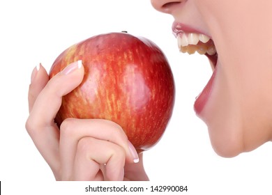 woman with apple isolated on white