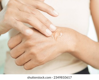 Woman Apply  Aloe Vera Gel Cream Lotion on Skin Arm after Shower, Skincare Cosmetic Beauty for Girl, Moisturizer Mask Injury Medicine Facial Face and Body Care, Ingredient Spa Home Health Nature. - Powered by Shutterstock