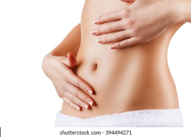 Woman apply body cream on abdomen isolated on white background
