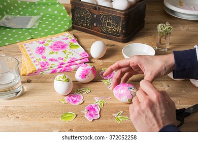 Woman Apply  Glue On Colored Easter Egg, With The Technique Of Decoupage