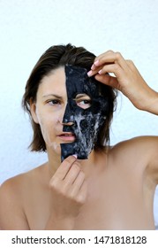 Woman Applying Bubble Charcoal Sheet Mask. Face Treatment. Popular Korean Cosmetics.Oxygen Mask.