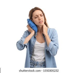 Woman Applying Cold Compress To Relieve Neck Pain On White Background