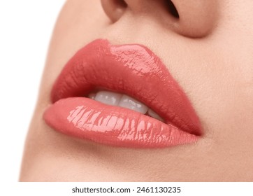 Woman applying lip gloss on white background, closeup - Powered by Shutterstock