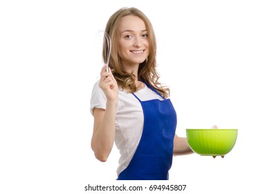 Woman In Apron With Bowl And Whisk On White Background Isolation