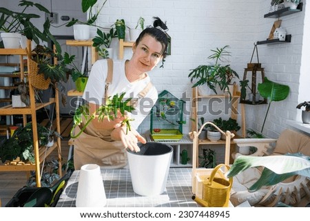 Similar – Woman in work wear in her workshop by table with handmade items