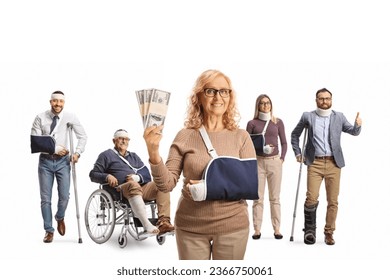 Woman with an arm sling holding money in front of group of injured people isolated on white background