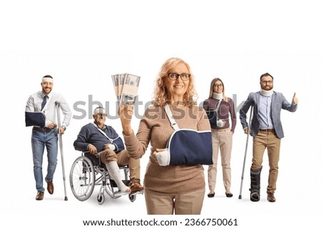 Woman with an arm sling holding money in front of group of injured people isolated on white background