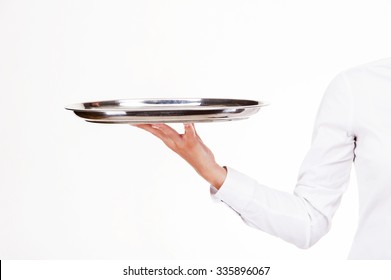 Woman Arm In Waiter Uniform Holding Tray. Over White Background.