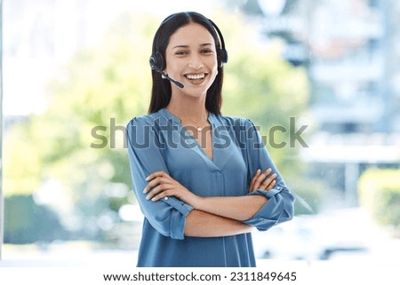 Woman with arms crossed, portrait and callcenter, contact us with customer service agent in workplace with smile. CRM, communication and tech support, female consultant for help desk and mockup space