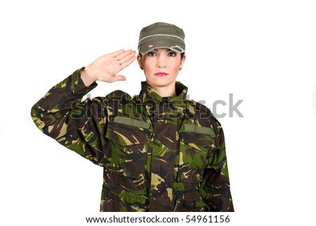 Woman army soldier saluting isolated on white background