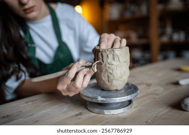 Woman artisan hands shaping mug with clay loop tool, carving intricate pattern and scraping excess clay. Manual labor ceramics, pottery design, clay shaping and design, handmade crockery creation - Powered by Shutterstock