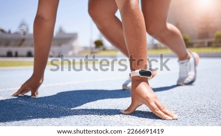 Woman athlete, runner and start training, fitness and exercise for race, marathon and running on track outdoor. Sports, challenge and speed with sport person with cardio for competition at olympics