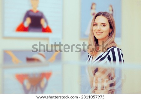 
Woman Attending a Cultural Event Visiting Art Show. Art gallery curator welcoming visitors in a showroom 
