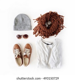 Woman Autumn And Winter Clothes Collage On White, Flat Lay, Top View