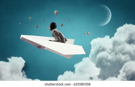 Woman Aviator Floating In Sky. Mixed Media . Mixed Media