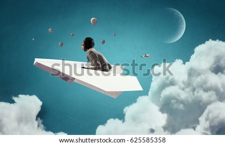 Woman Aviator floating in sky. Mixed media . Mixed media