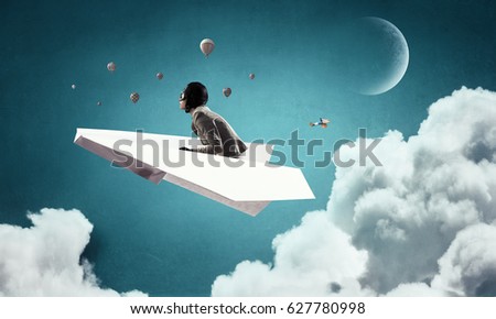 Woman Aviator floating in sky. Mixed media