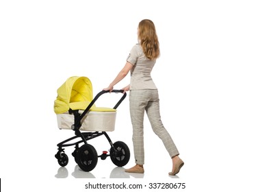 Woman With Baby And Pram Isolated On White