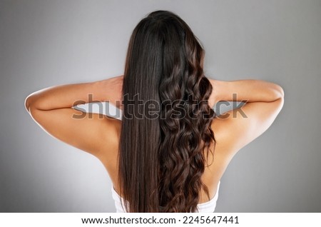 Woman back, curly or straight hairstyle on gray studio background for keratin treatment marketing, waves product advertising or grooming. Model, brunette color or healthy growth texture in wellness