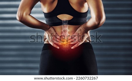 Woman with back pain, sport injury and fitness, spine x ray and anatomy with red overlay, medical problem and health. Healthcare emergency, inflammation and muscle tension with exercise in gym