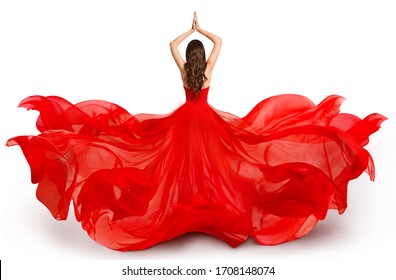 Woman Back Rear Side In Red Flying Dress Waving On Wind, Fashion Model In Flowing Gown On White