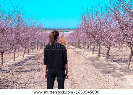 Woman from back relaxing at sakura trees or cherry blossom blooming 