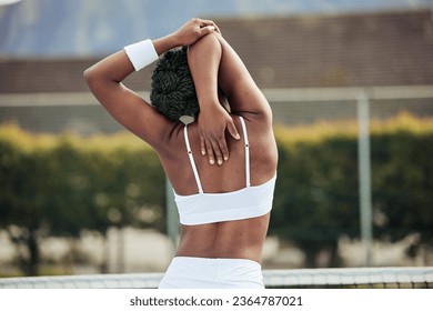 Woman, back and stretching before tennis game for fitness, exercise and workout outdoor in Cape Town. Rear view, person and arm training for sport competition, challenge and wellness for performance - Shutterstock ID 2364787021