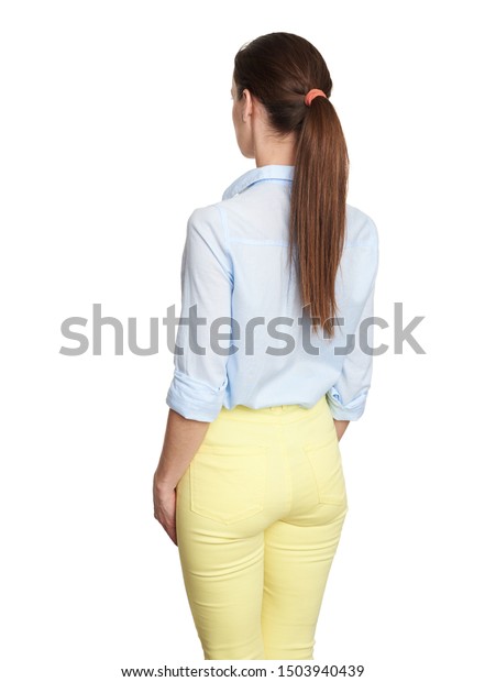 woman back view. Isolated on white background