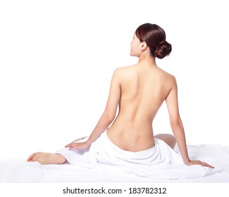 Woman Back View And Wearing Towel Sitting On The Floor, Isolated On White, Asian