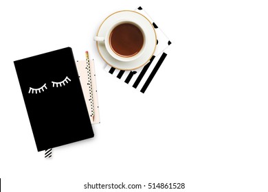 Woman background. Notebook with coffee. Flat lay